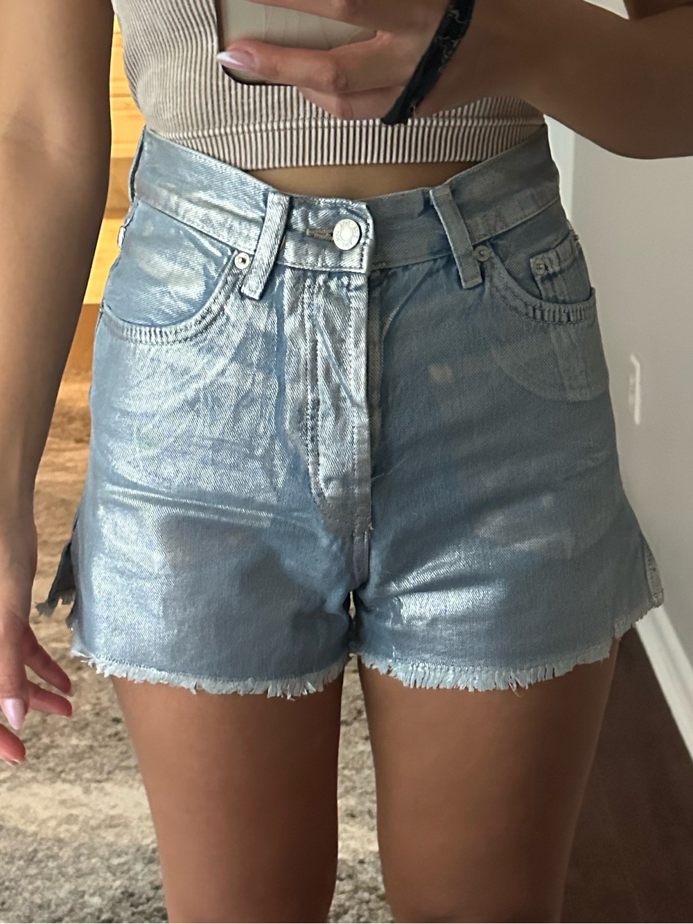 Zara Metallic Light Blue Denim Shorts